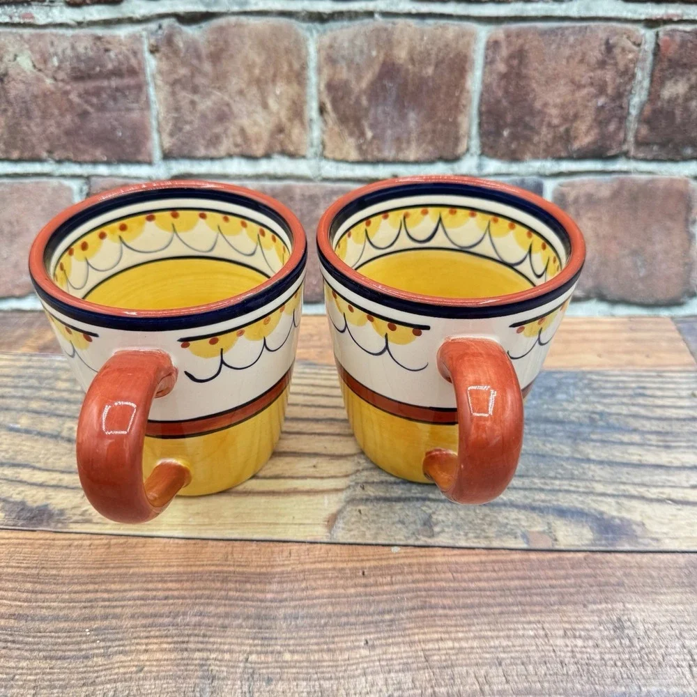 Pier 1 Del Sol 16 oz Coffee Tea Mugs Hand Painted Earthenware Retired Lot of 2